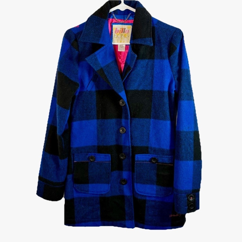 Vintage Y2K 90s Billabong Peacoat M Blue Black Buffalo Plaid Wool Blend Jacket